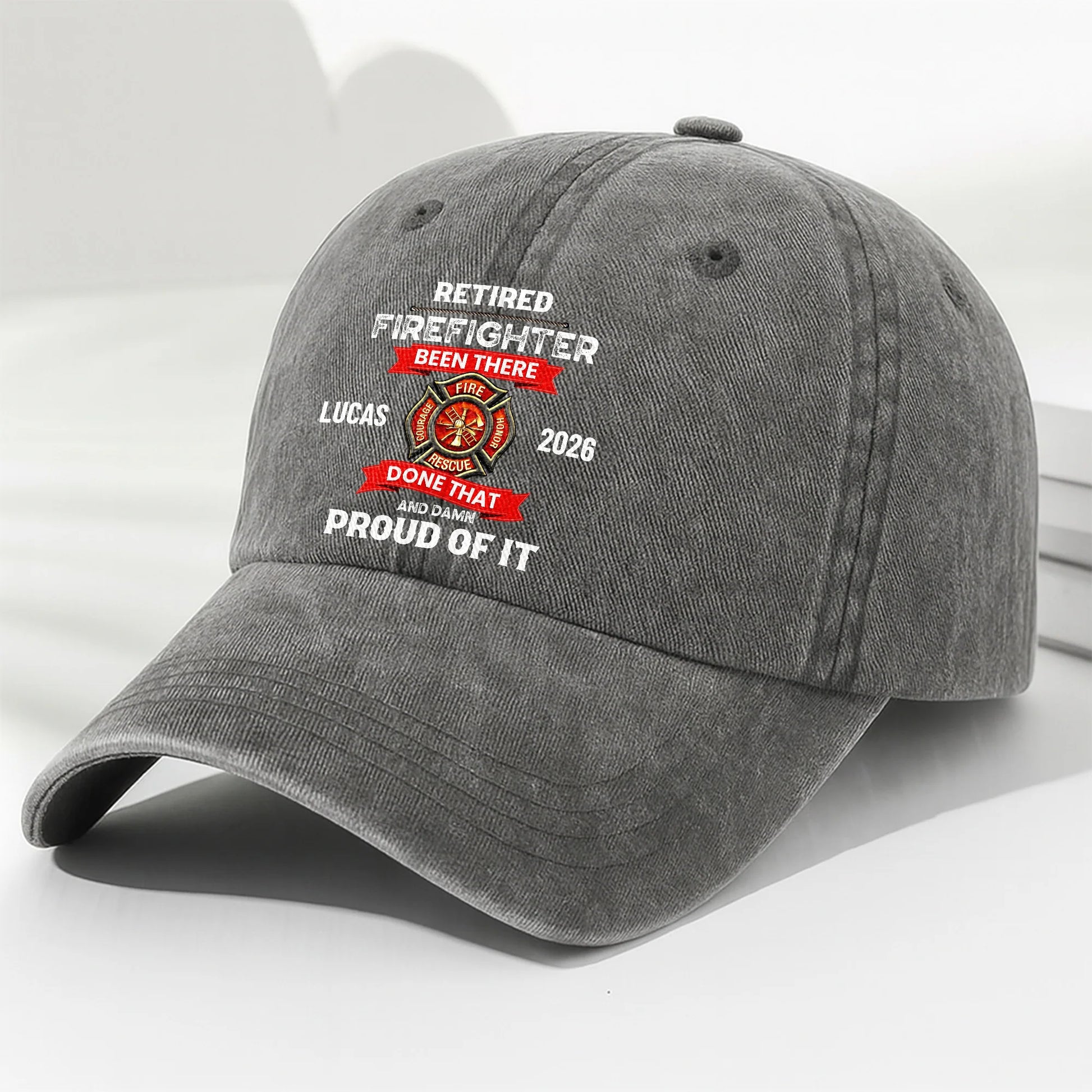 Custom Retired Firefighter Denim Hat for Dad with personalized design details for meaningful gifting image 9