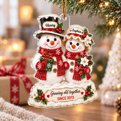 "Growing Old Together" Snowman Couple Personalized Acrylic Ornament - Christmas Gift for Couples