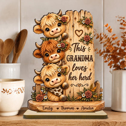 "This Grandma Loves Her Herd" Personalized Wooden Plaque - Custom Highland Cow Name Gift