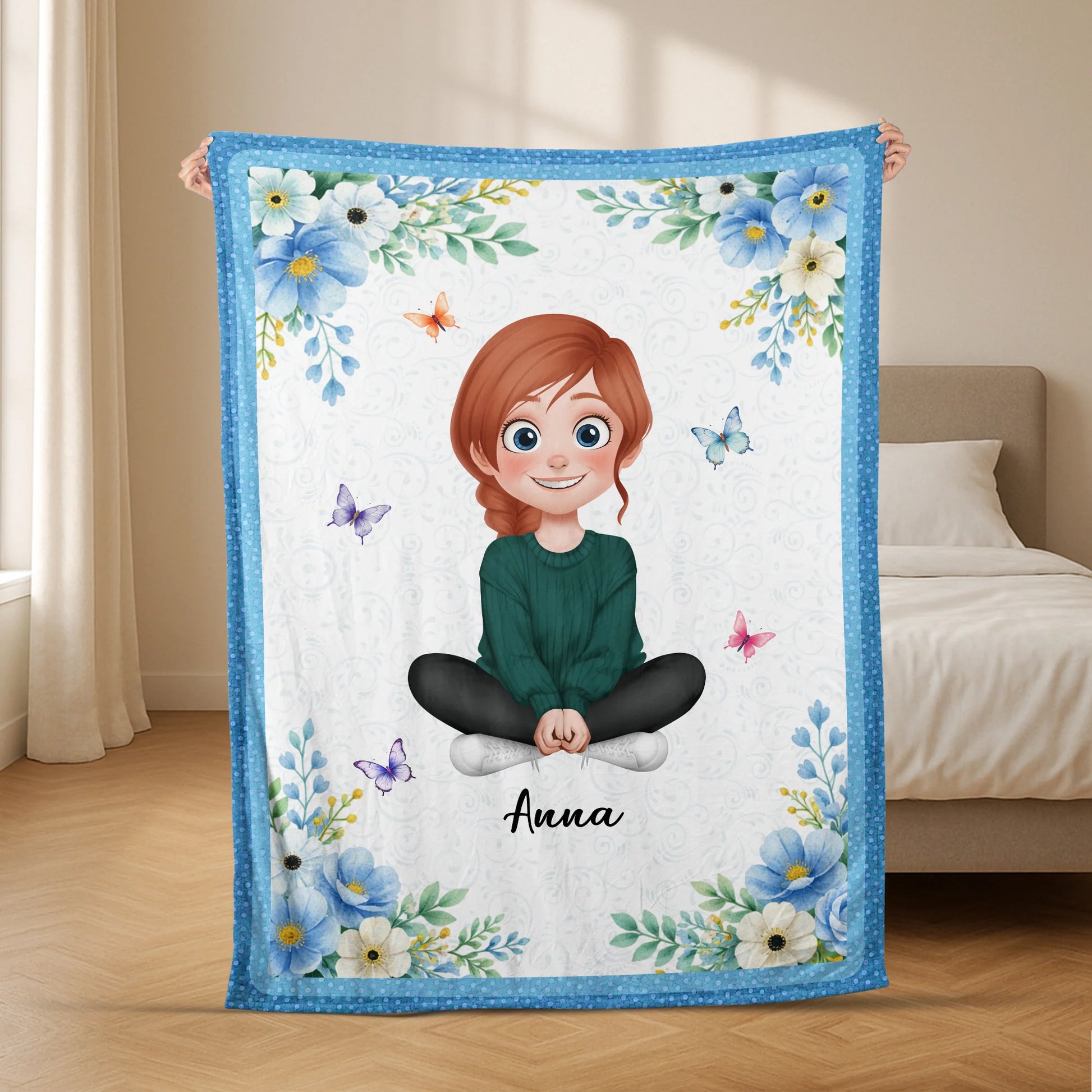 Custom Chibi Character Blanket with Name - Personalized Floral Keepsake Gift for Grandma & Mom