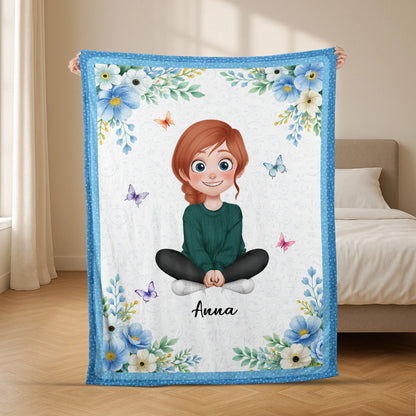 Custom Chibi Character Blanket with Name - Personalized Floral Keepsake Gift for Grandma & Mom