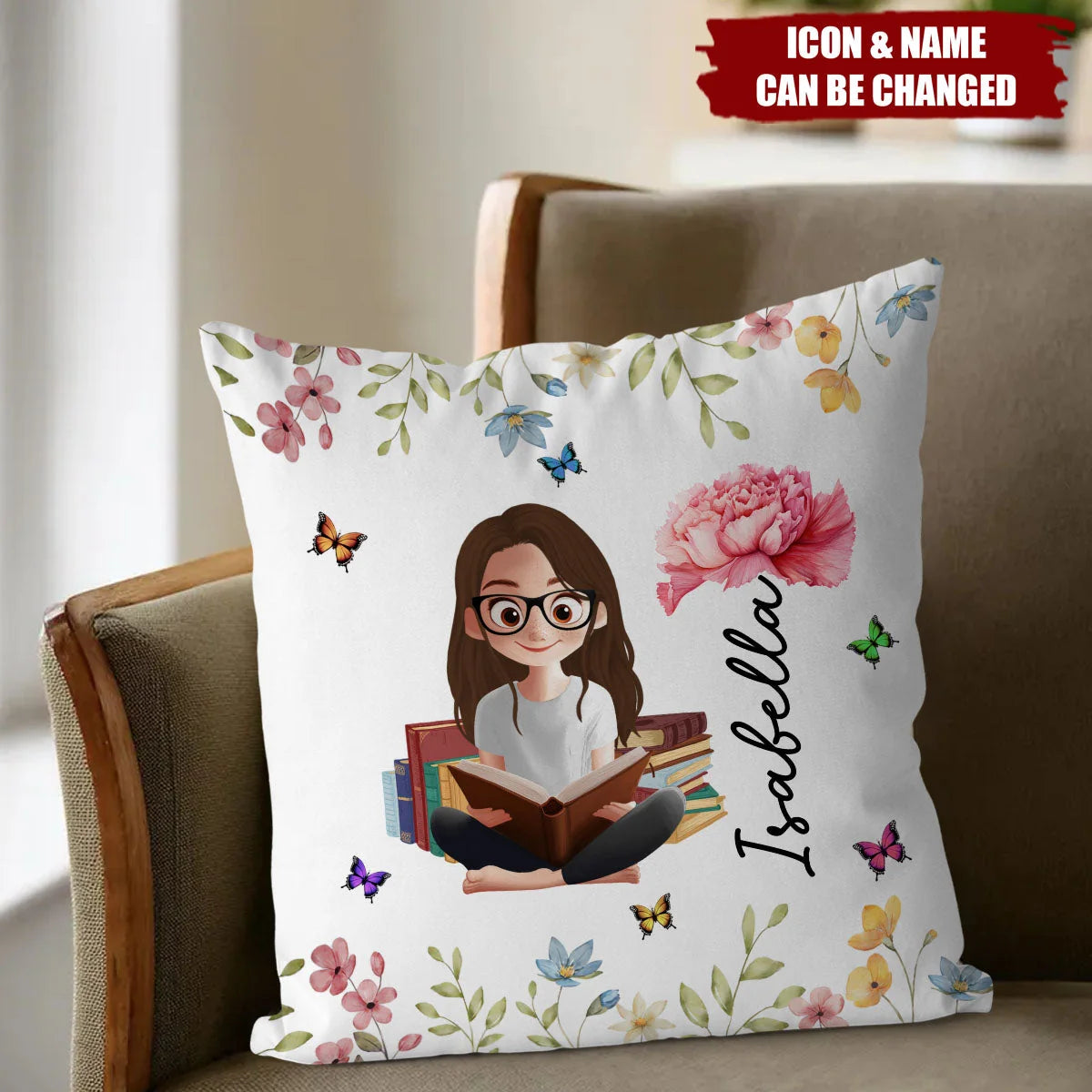 Birth Flower Book Lover Girl Personalized Pillow - Custom Reading Gift for Bookworms