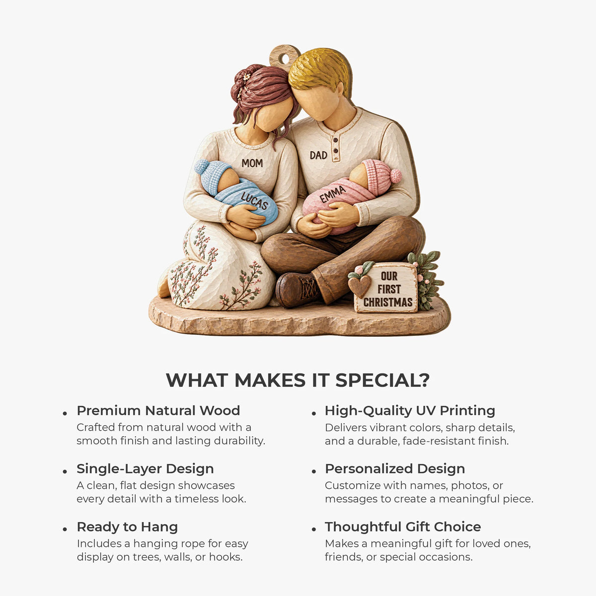 Our First Christmas Personalized Family Wooden Ornament - Keepsake for New Parents
