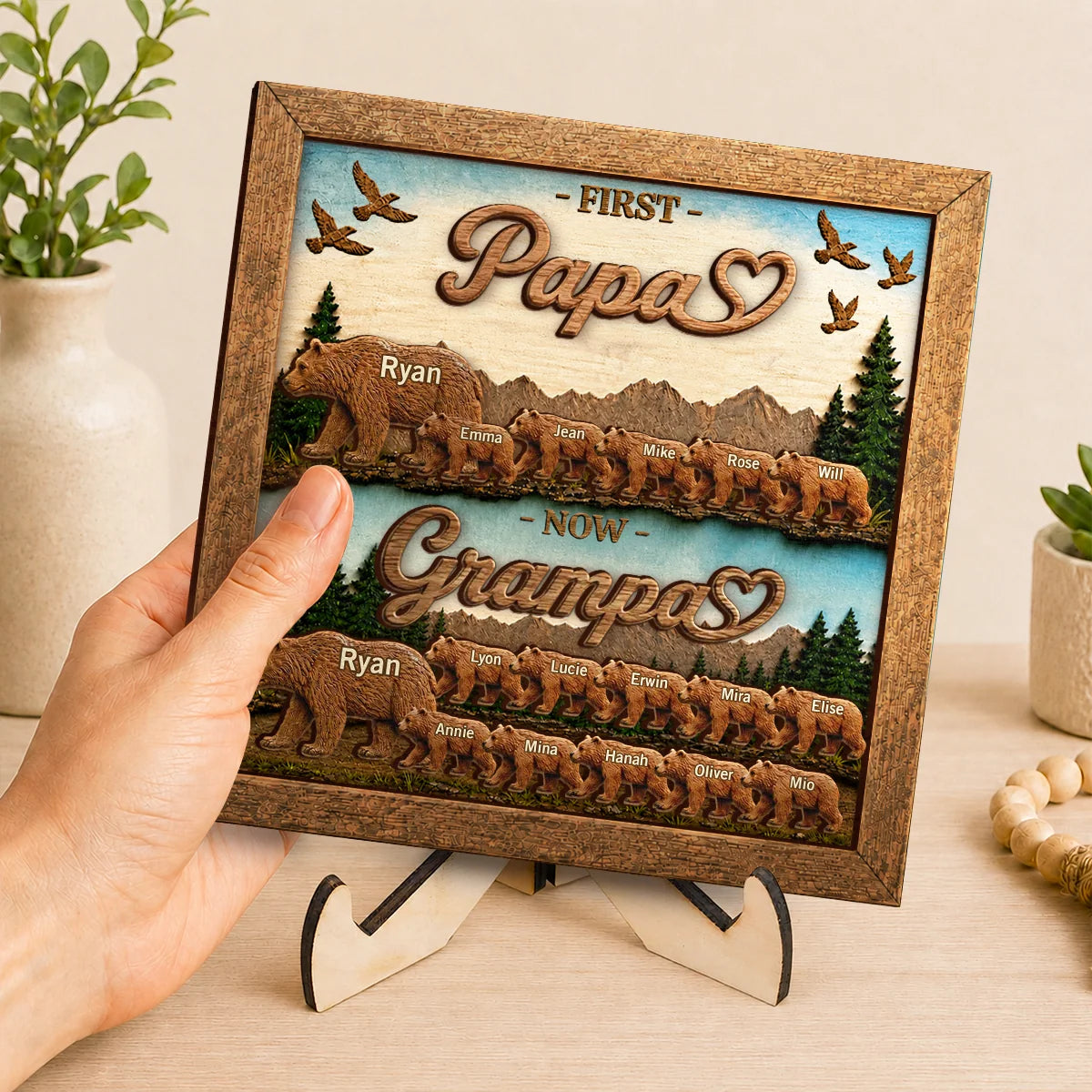 First Daddy Now Grandpa Bear Family Personalized Wooden Plaque - Custom Gift for Father, Dad, Husband