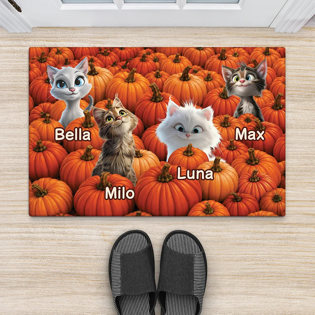 Cute Pumpkin Patch Custom Cat Doormat - Personalized Fall Welcome Mat for Cat Lovers