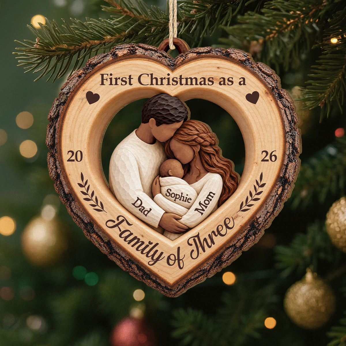 First Christmas as a Family of Three - Personalized Wooden Ornament for New Parents