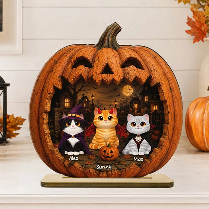 Personalized Halloween cat wooden plaque featuring pumpkin decor for cat lovers