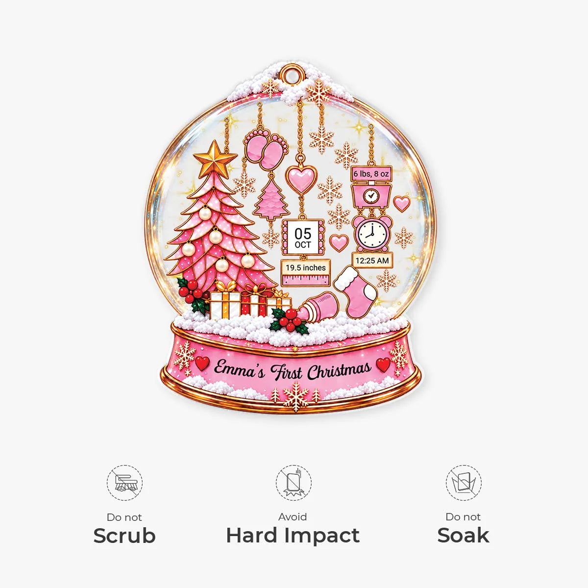 Baby's First Christmas Snow Globe Personalized Acrylic Ornament -Custom Birth Stats Keepsake Gift