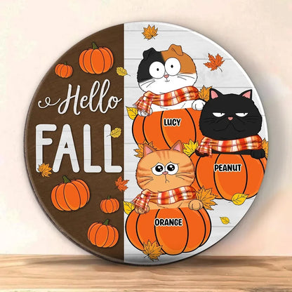 Hello Fall Cute Cats Custom Round Wood Sign - Personalized Autumn Pumpkin Door Hanger Gift for Cat Lovers