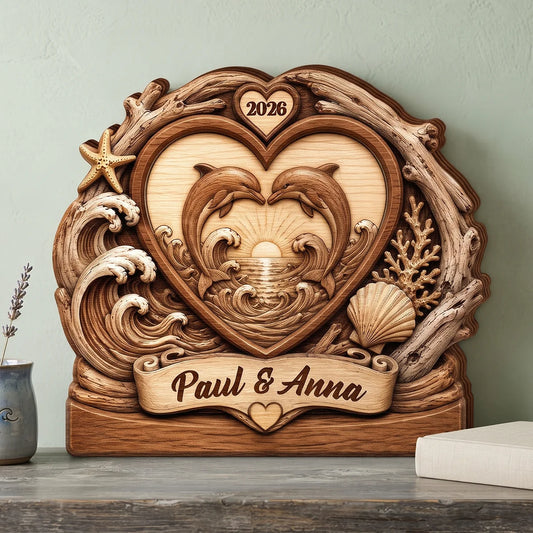 Two Dolphins Endless Love Personalized Wooden Block - Custom Anniversary Gift for Couples