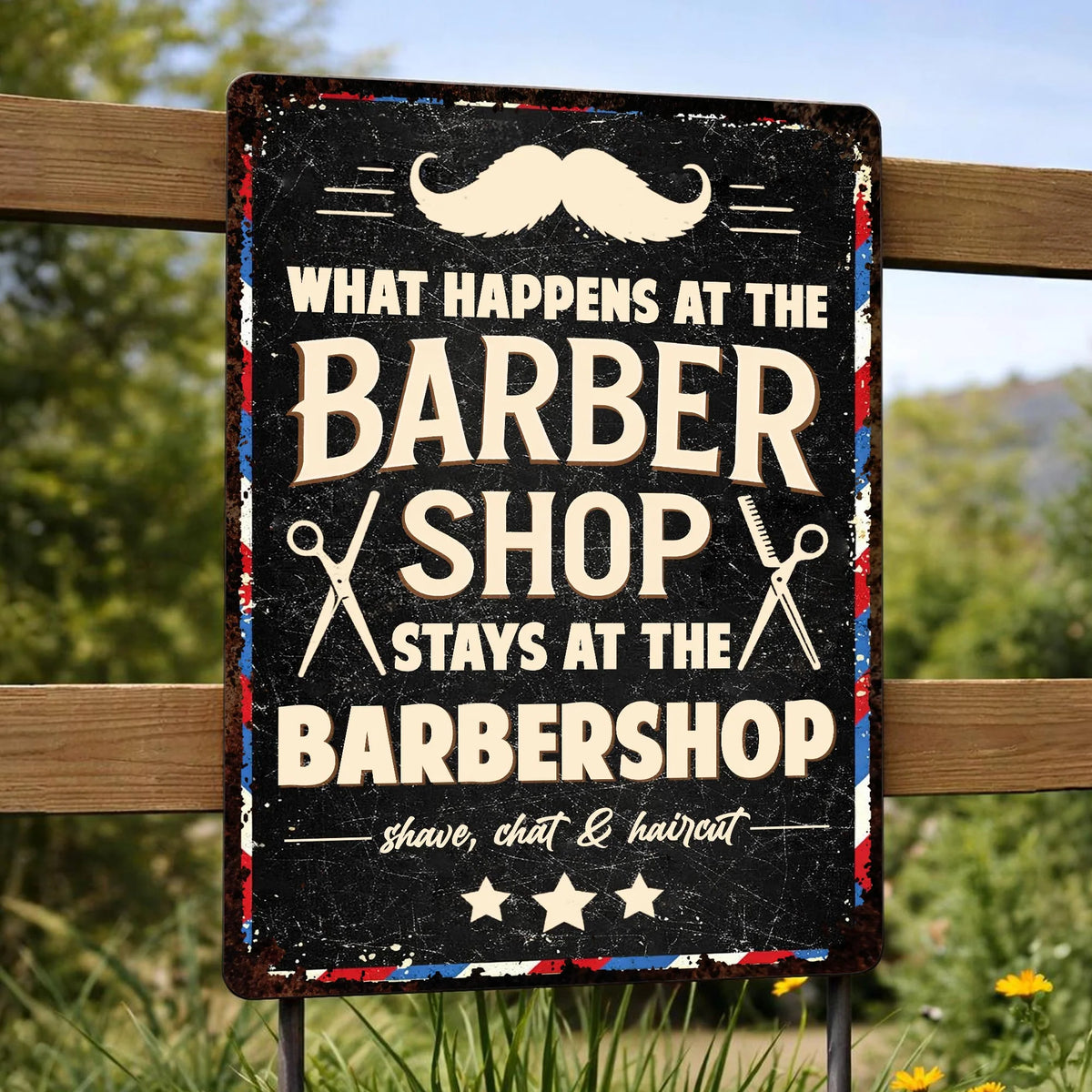 "What Happens At The Barbershop Stays At The Barbershop" Metal Sign - Personalized Barber Decor