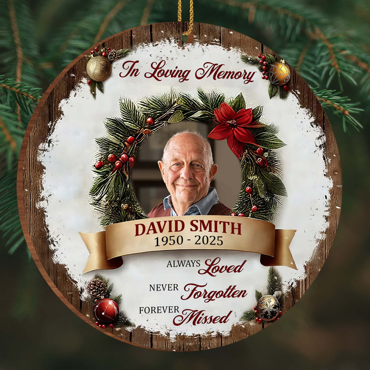 "In Loving Memory" Personalized Photo Wood Ornament - Always Loved Never Forgotten Keepsake