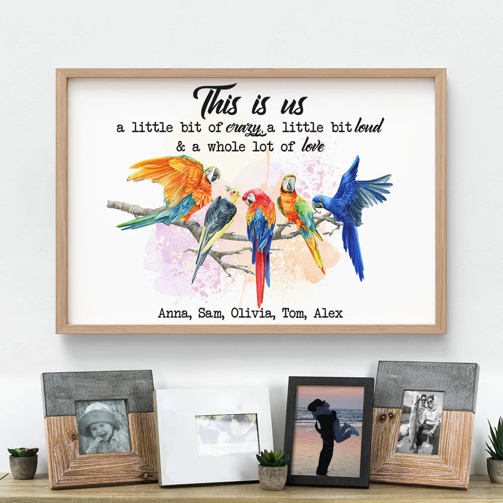 Personalized parrot family canvas print with custom names and family quote - vibrant wall art gift for bird lovers