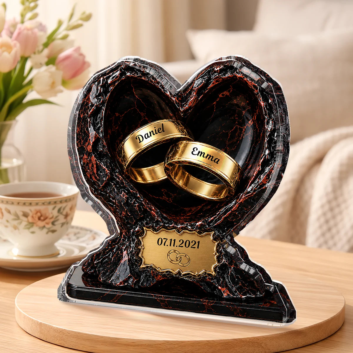 Personalized Couple Anniversary Acrylic Plaque - Custom Wedding Ring Heart Keepsake Gift for Wife Husband