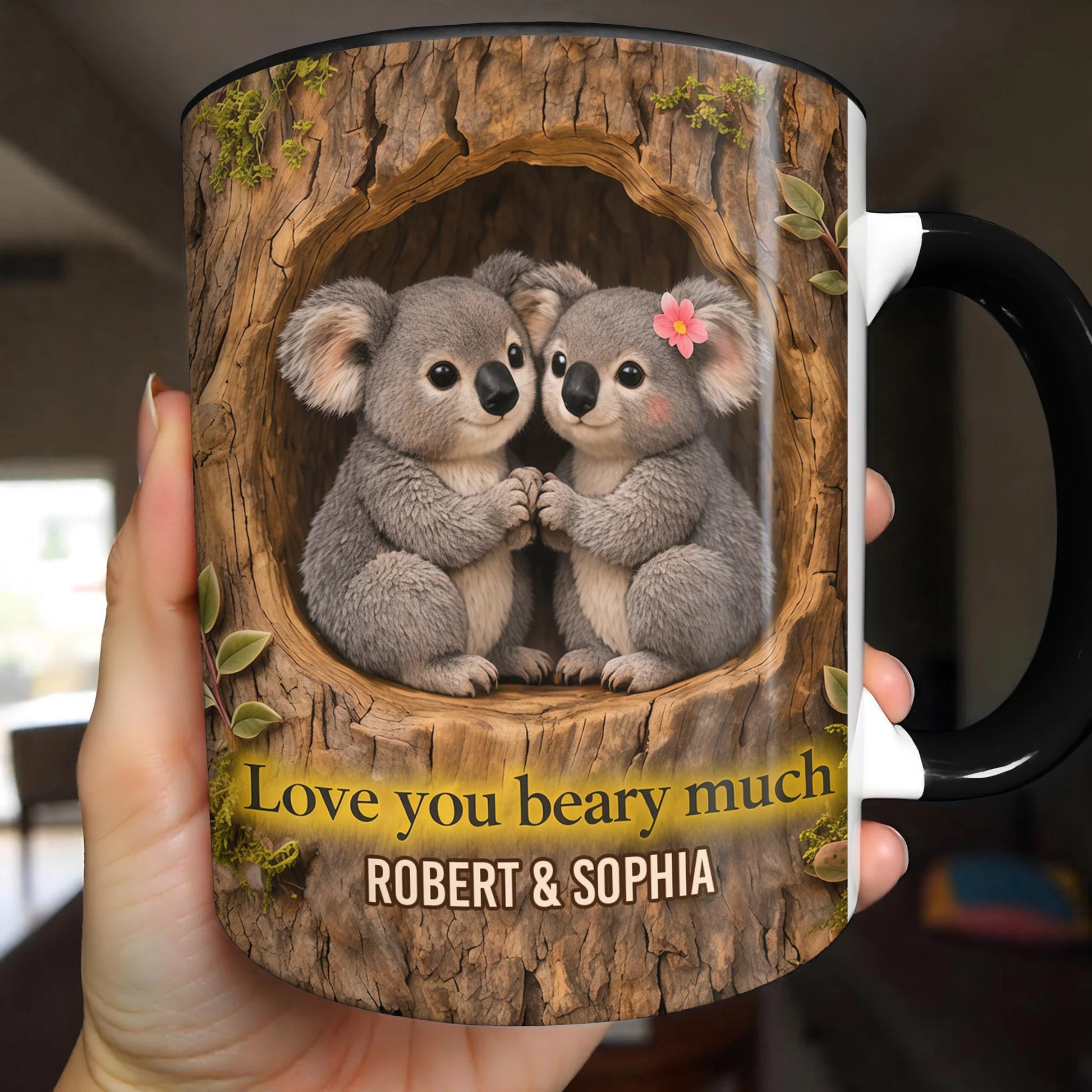 Personalized koala couple mug with quote Love You Beary Much and custom names - romantic anniversary ceramic gift