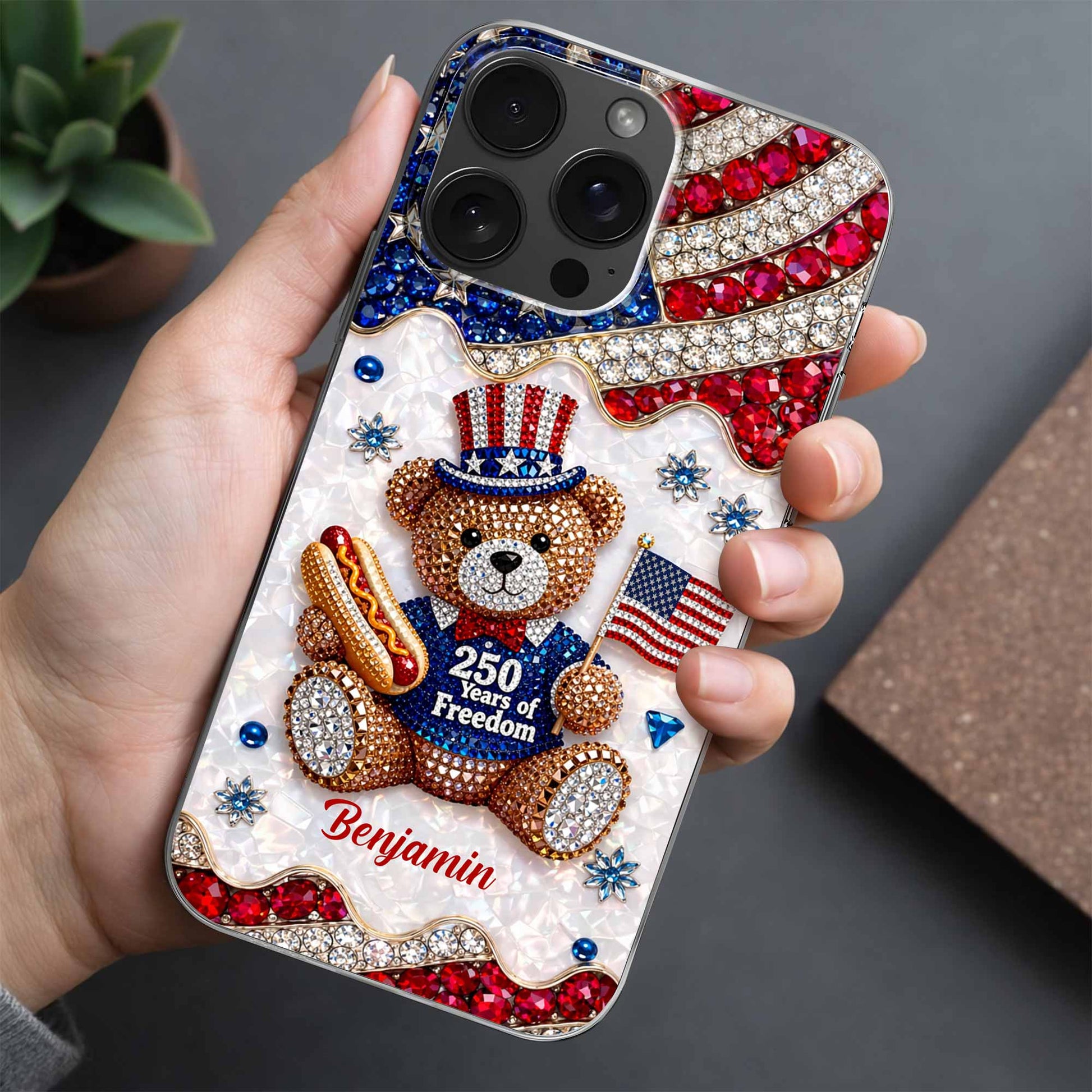 Patriotic clear phone case with 250 Years of Freedom teddy bear and custom name for iPhone and Samsung image 10