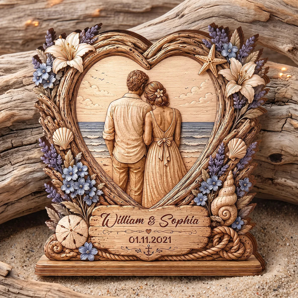 Personalized Beach Ocean Heart Wooden Block - Custom Anniversary Keepsake Gift for Couple