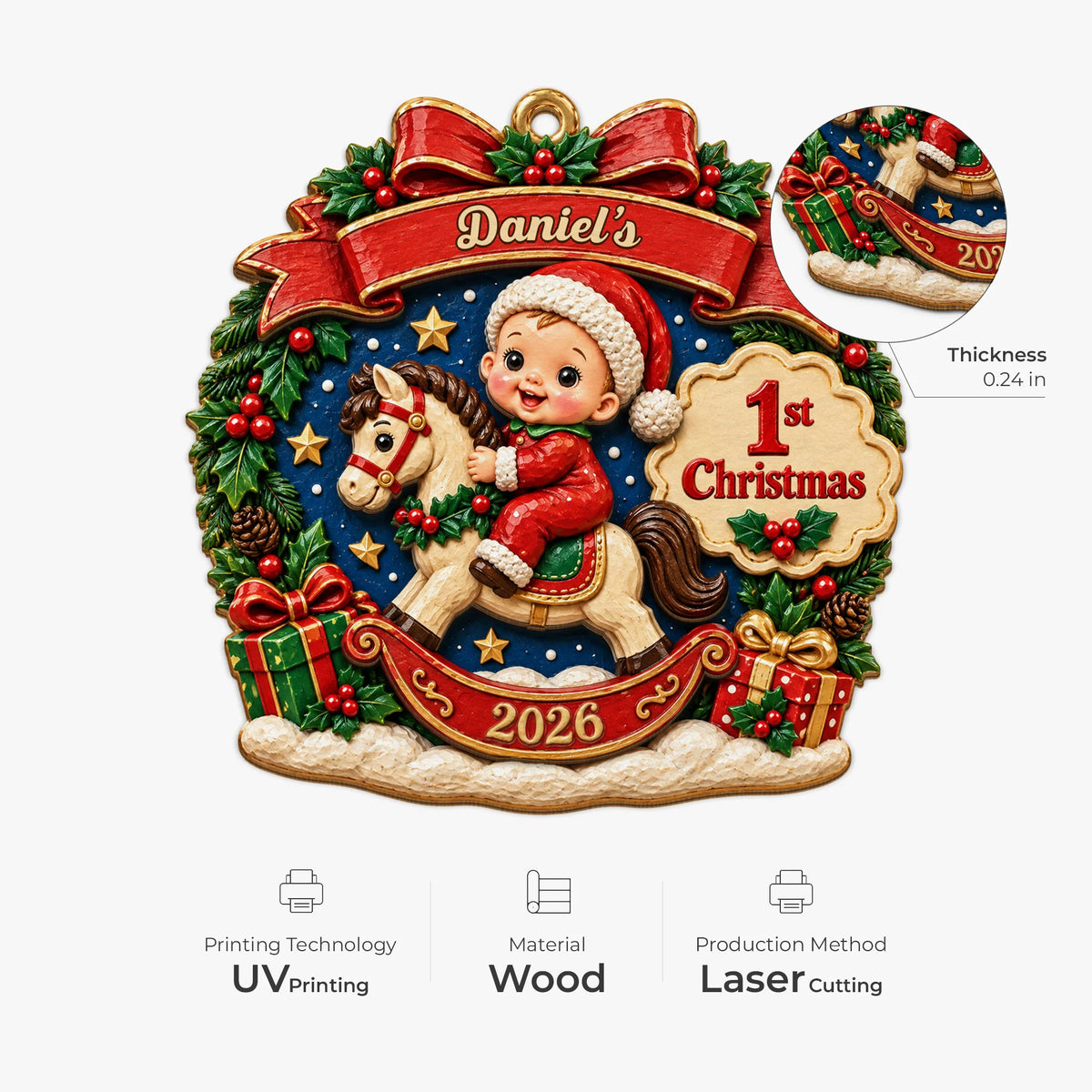 Baby's 1st Christmas Personalized Wooden Ornament - Custom Rocking Horse Keepsake for Newborns & Holiday Tree Decor