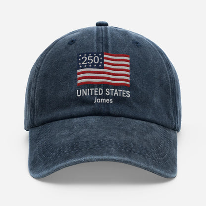 Custom patriotic baseball hat in navy blue featuring an embroidered America 250 flag and personalized name