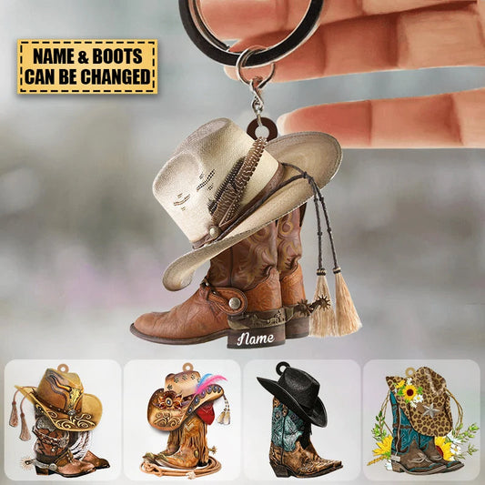 Personalized Cowboy Boots and Hat Keychain - Custom Western Country Key Ring Gift