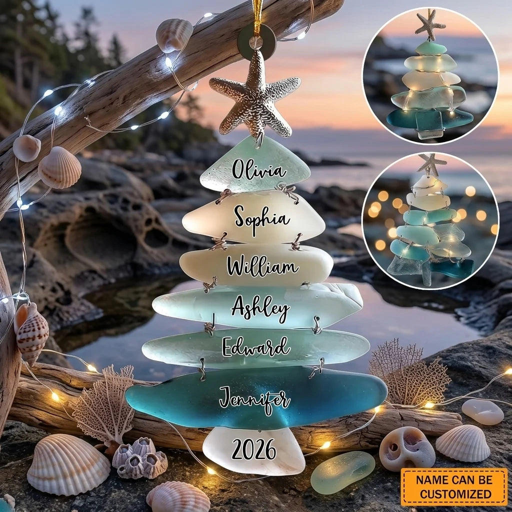 Personalized Sea Glass Christmas Tree Family Acrylic Ornament - Custom Beach Themed Keepsake Holiday Gift