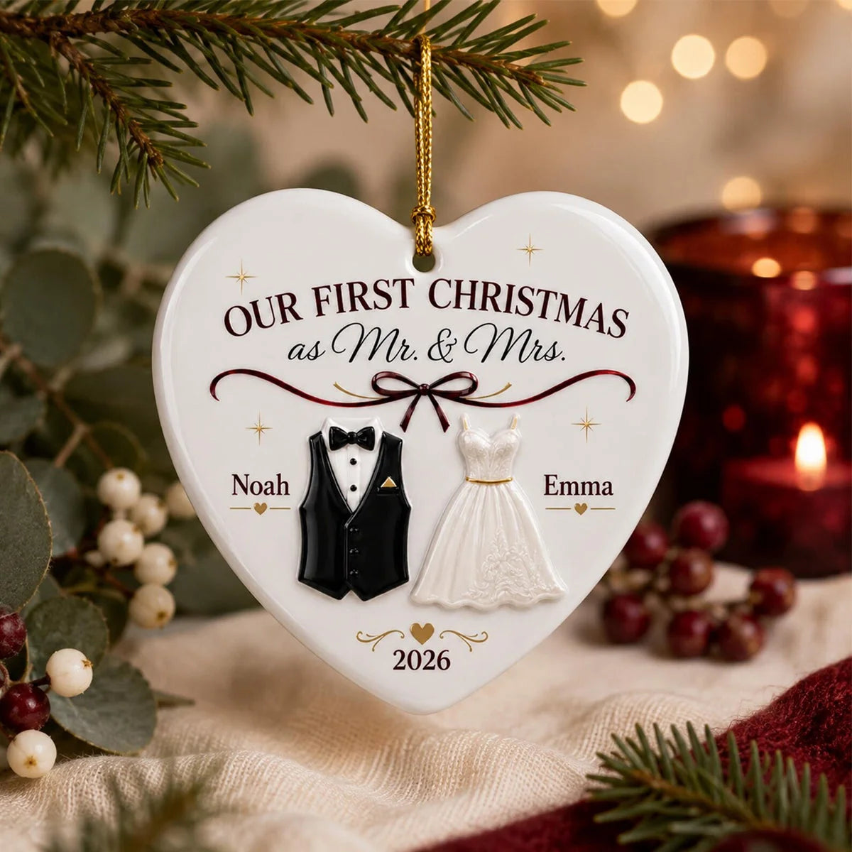 "Our First Christmas as Mr. & Mrs." Personalized Married Ceramic Ornament - Custom Newlywed Wedding Keepsake