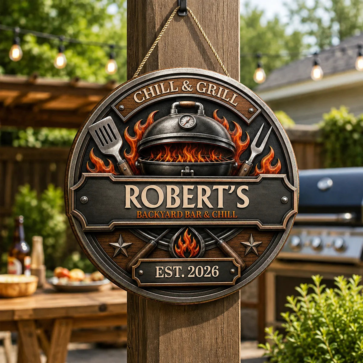 Chill & Grill Personalized Backyard BBQ Wood Sign - Custom Patio Decor for Dad & Husband