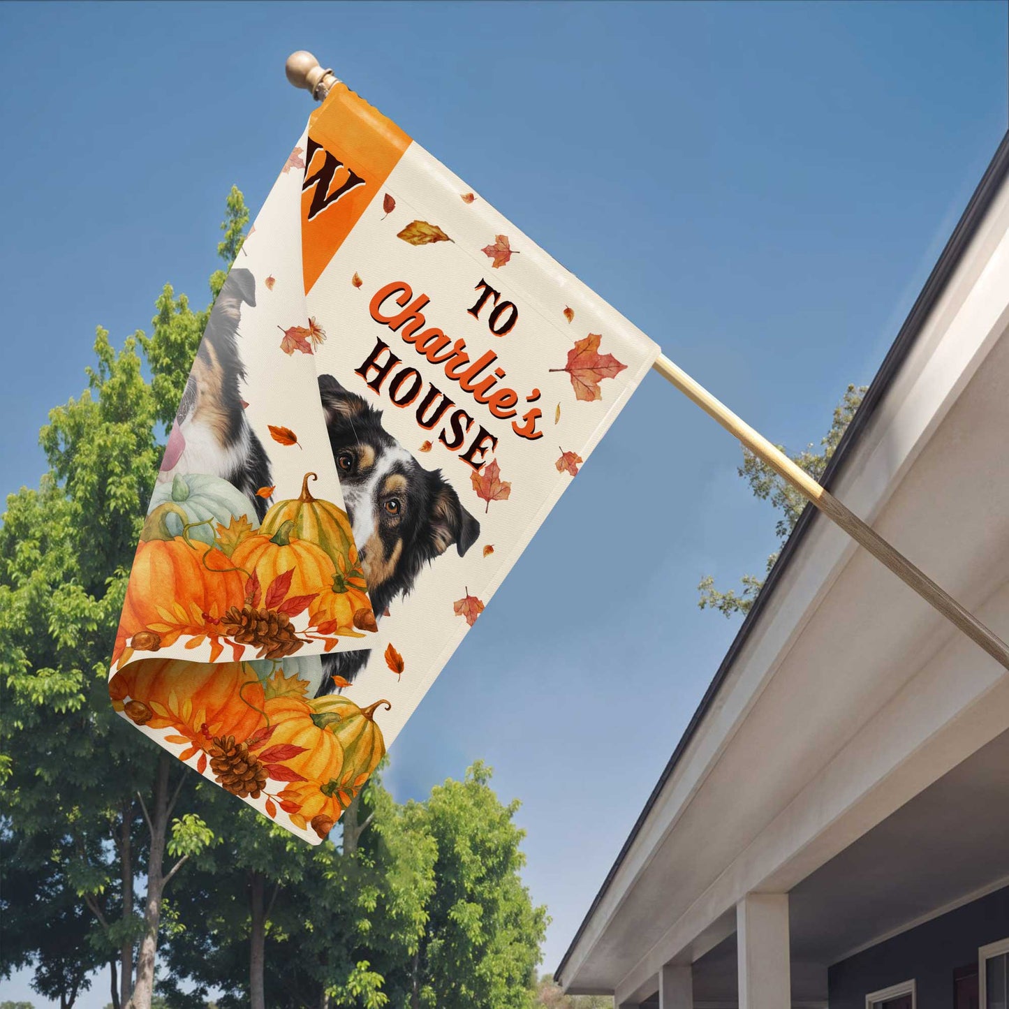 Custom dog garden flag with pumpkins and autumn leaves reading Welcome to Charlie's House - fall yard decor image 8