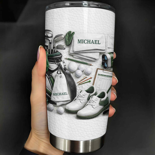 Golf Gear Flat Lay Personalized Golf Tumbler - Custom Golfer Stainless Steel Travel Mug Gift for Dad Husband