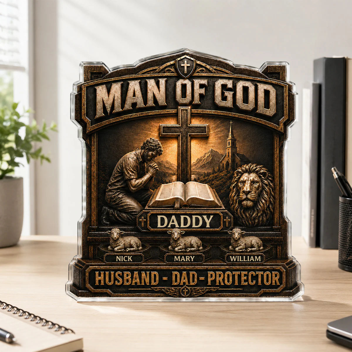 Man Of God Personalized Acrylic Plaque for Dad with personalized design details for meaningful gifting