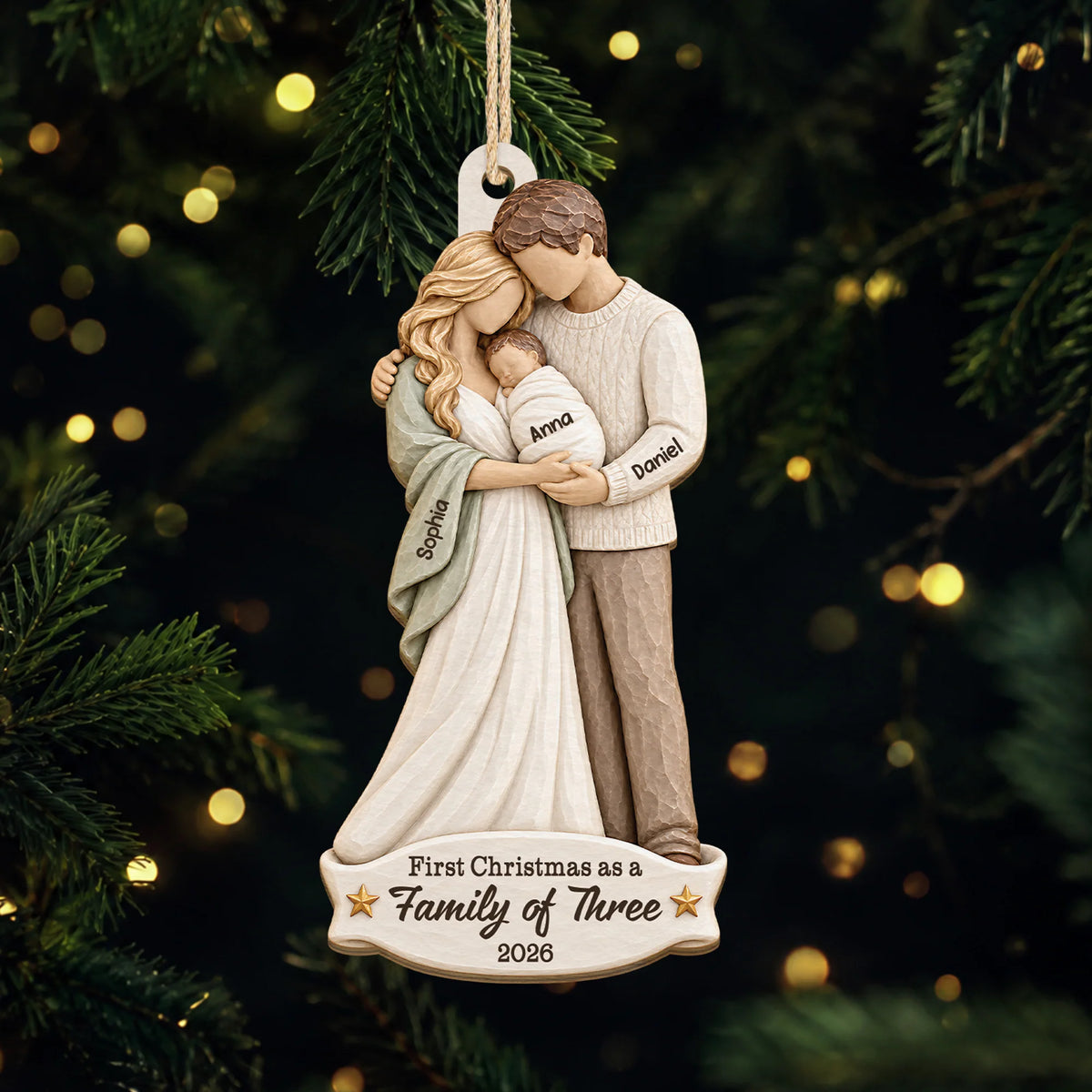 First Christmas as a Family of Three - Personalized Wooden Ornament for New Parents Gift