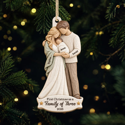 First Christmas as a Family of Three - Personalized Wooden Ornament for New Parents Gift