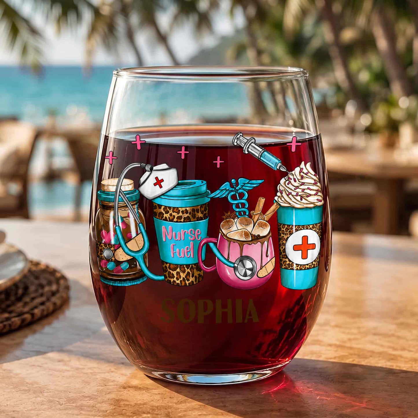 Personalized nurse stemless wine glass with Nurse Fuel leopard coffee cups and medical icons design image 8