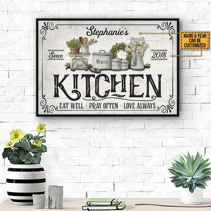 "Eat Well Pray Often Love Always" Personalized Kitchen Wall Art - Custom Farmhouse Canvas / Poster Gift for Family