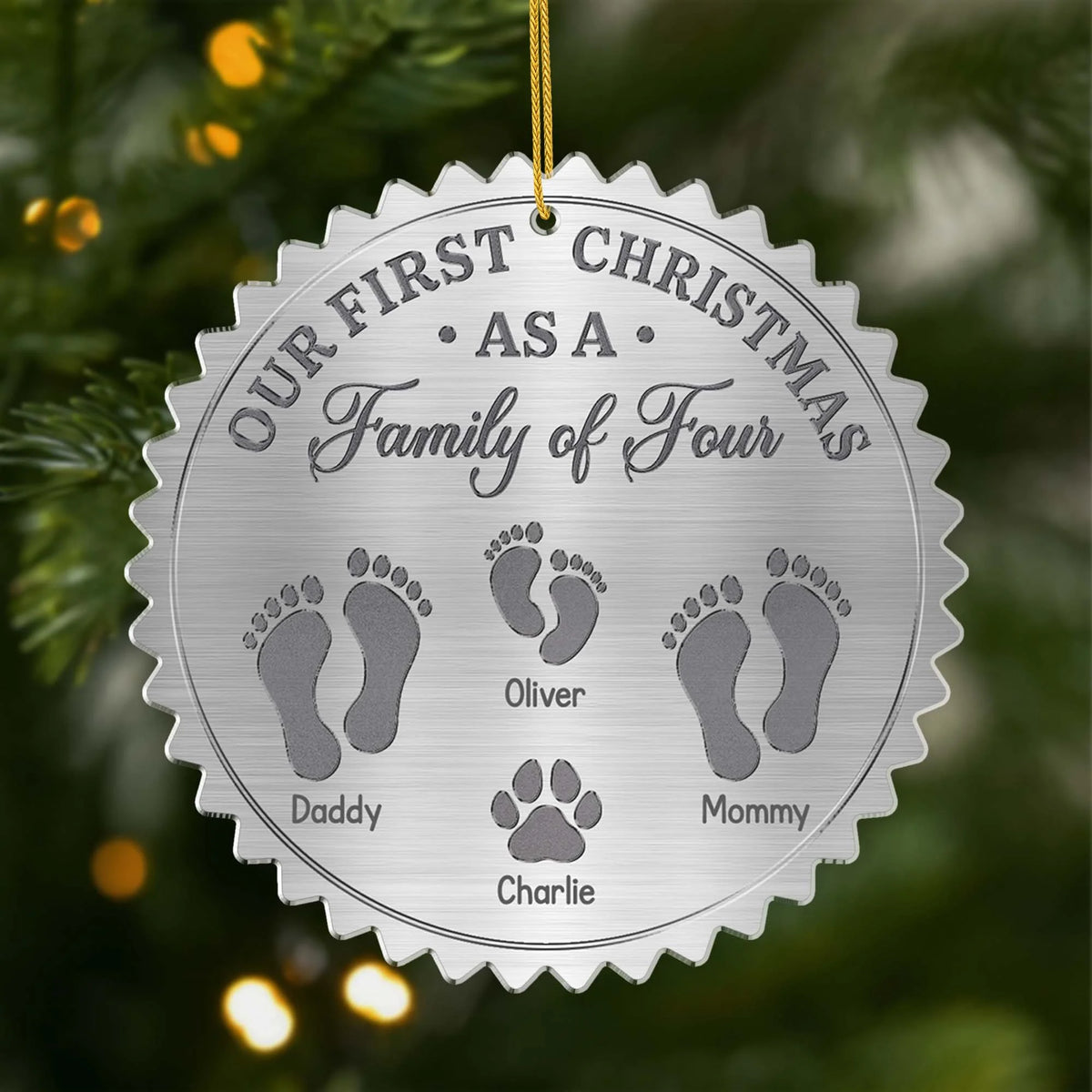 Our First Christmas as a Family of Four - Personalized Acrylic Ornament for New Parents and Pet Families