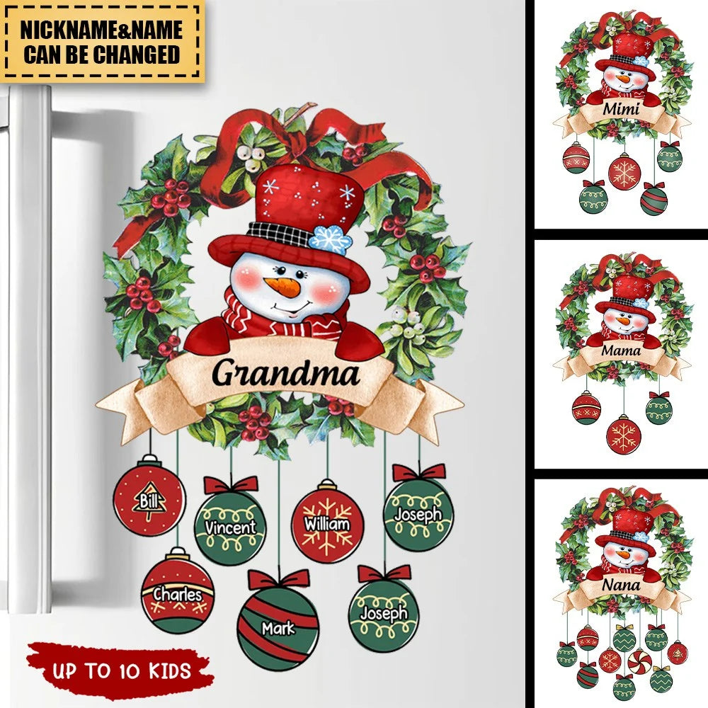 Custom Snowman Christmas Wreath Decal - Personalized Kids Ornament Sticker for Grandma
