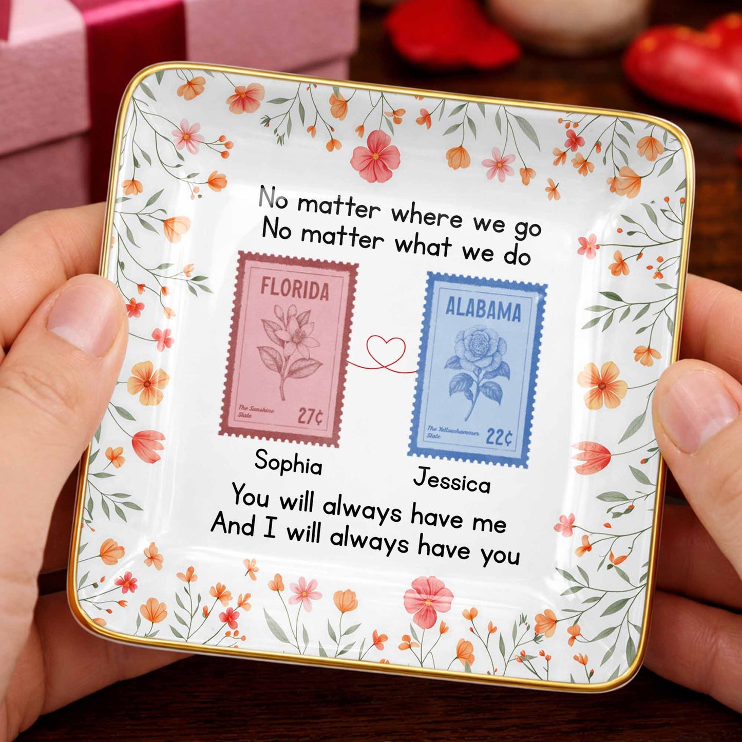 Personalized long distance friendship jewelry dish with floral state stamps for best friends image 7