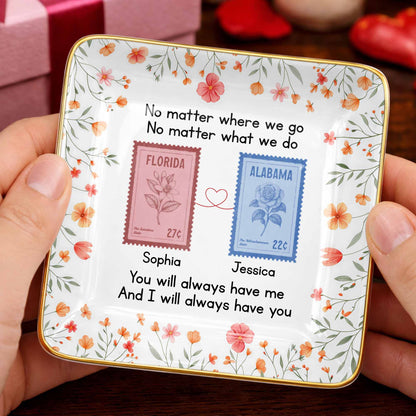 Personalized long distance friendship jewelry dish with floral state stamps for best friends image 7