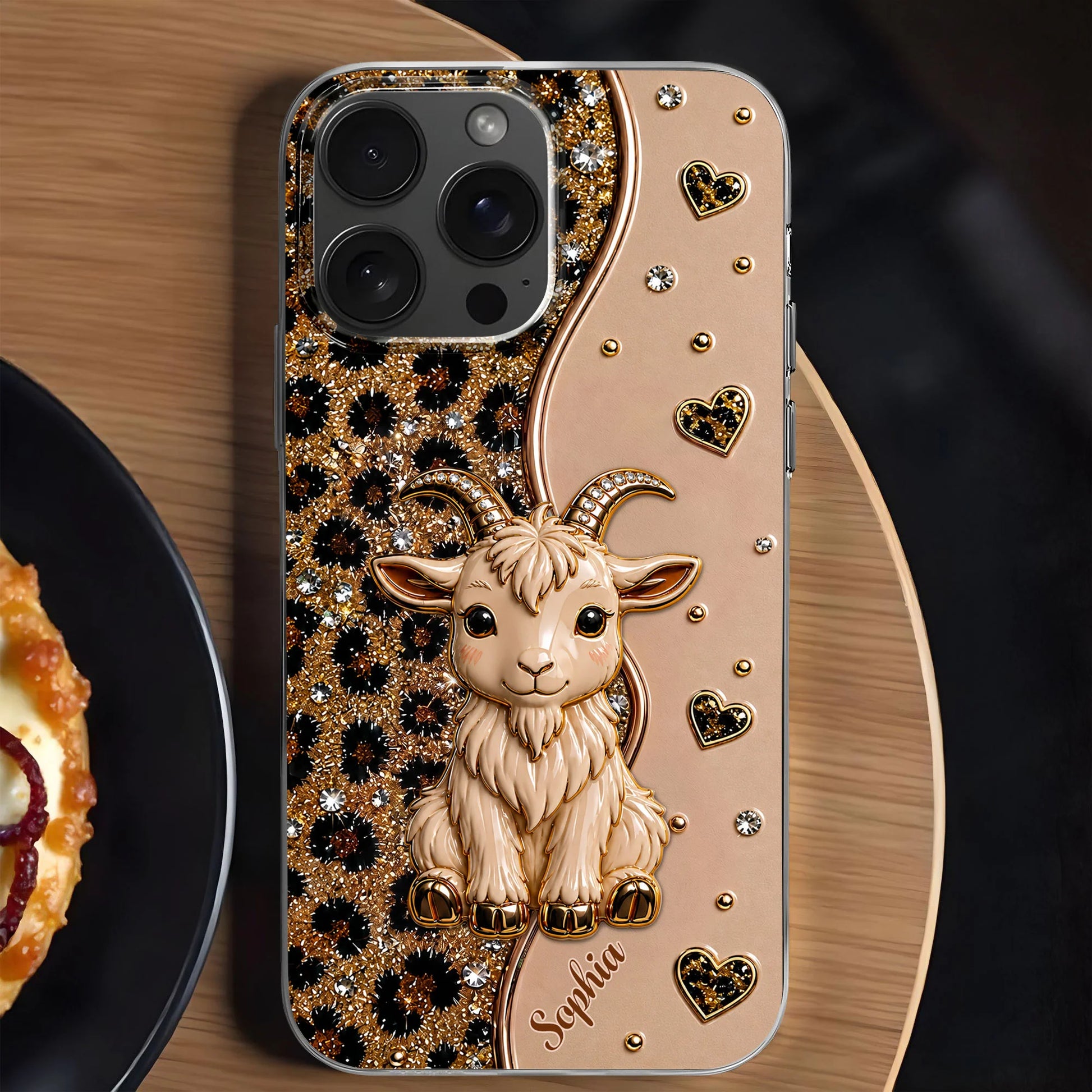 Personalized clear goat phone case with glitter leopard print and custom name for iPhone and Samsung