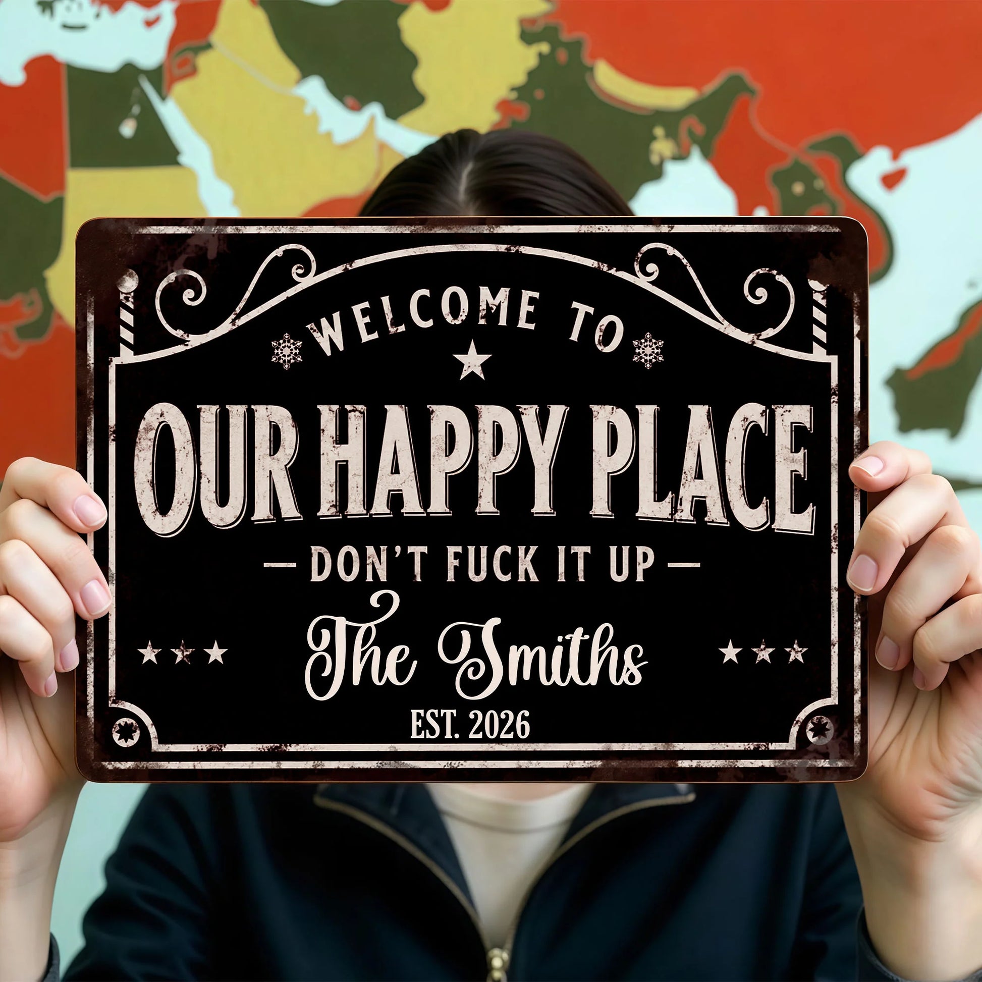Personalized metal sign reading Welcome To Our Happy Place Don't Eff It Up for custom family home decor image 6