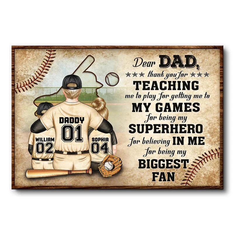 Dear Dad Thank You For Teaching Me - Personalized Baseball Dad Poster / Canvas