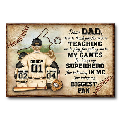 Dear Dad Thank You For Teaching Me - Personalized Baseball Dad Poster / Canvas