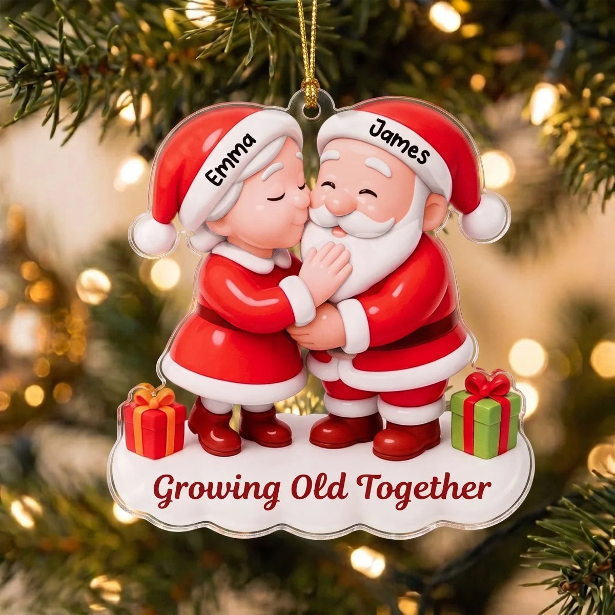 "Growing Old Together" Personalized Couple Name Acrylic Ornament - Custom Kissing Santa & Mrs. Claus Christmas Gift