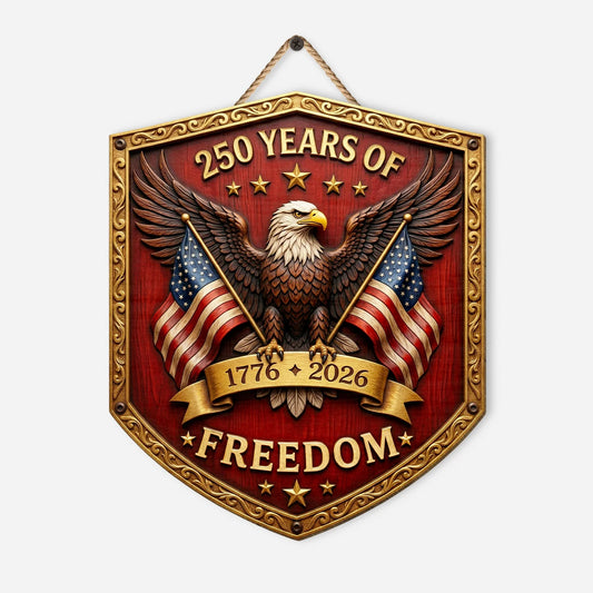 America 250th anniversary personalized wood sign with bald eagle and American flags