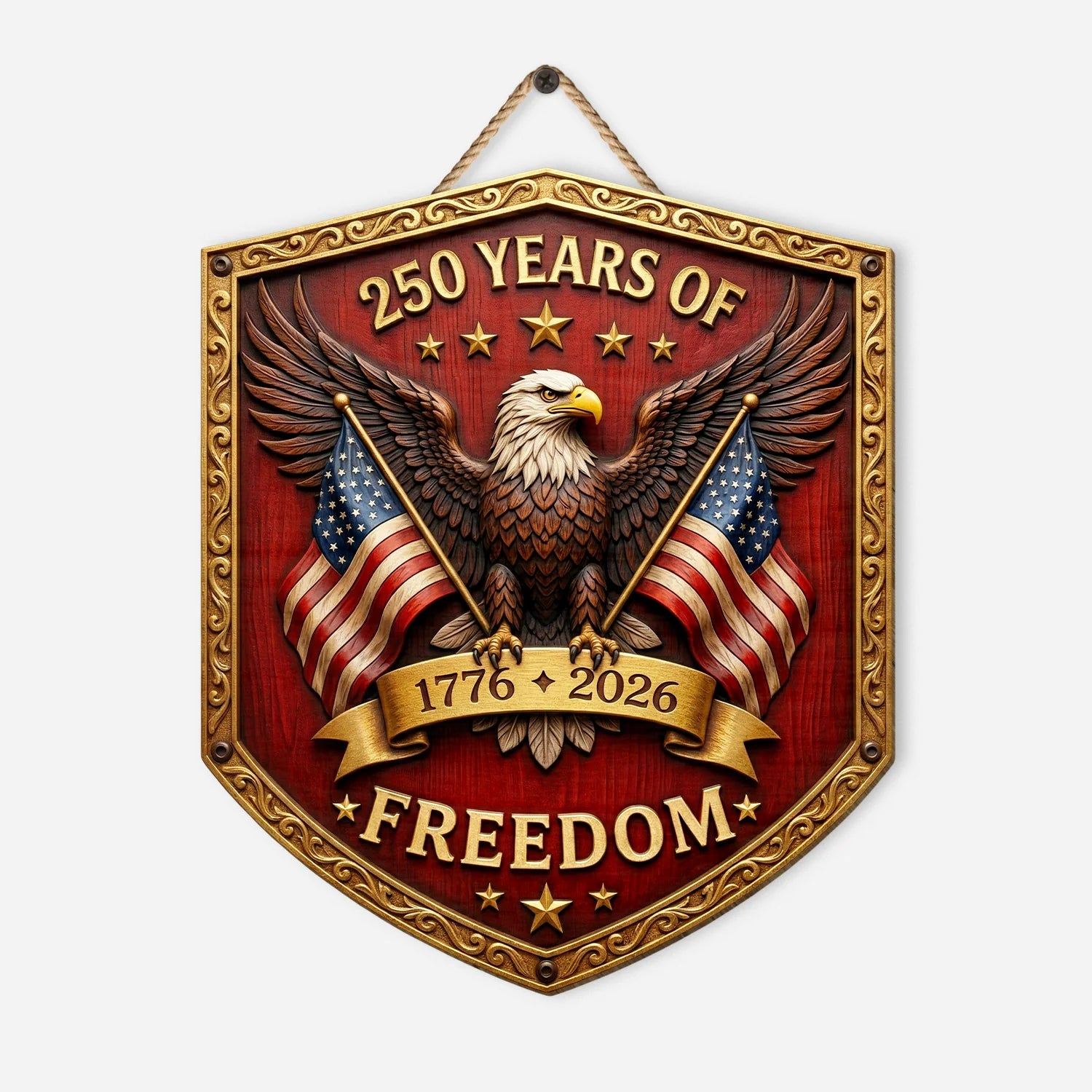 America 250th anniversary personalized wood sign with bald eagle and American flags