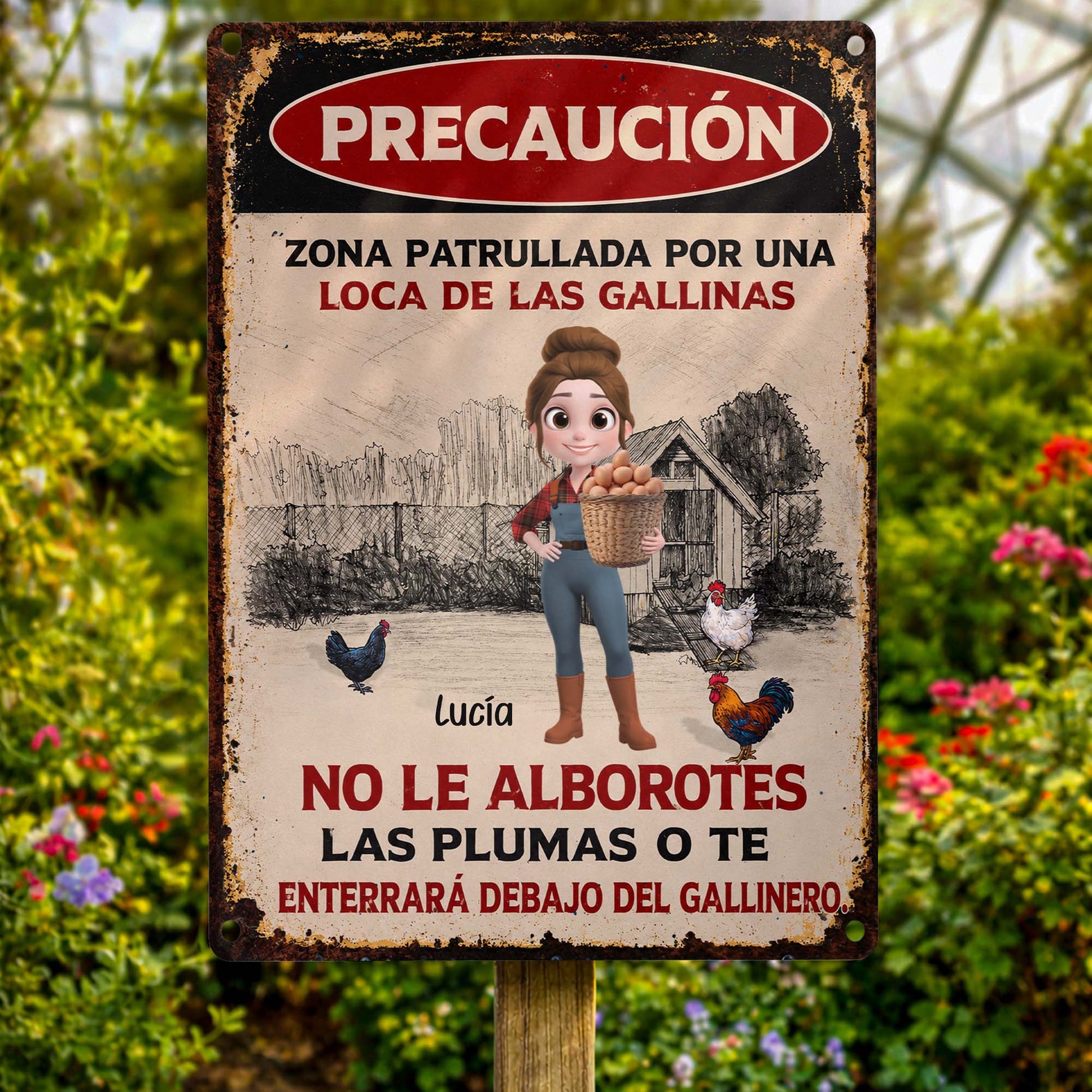 Personalized metal sign featuring Spanish crazy chicken lady warning text for farm decor gift image 6