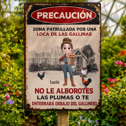 Personalized metal sign featuring Spanish crazy chicken lady warning text for farm decor gift image 6