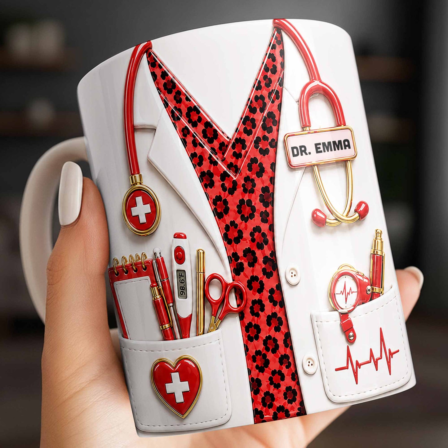 Personalized doctor mug with custom name and pink leopard print medical uniform design image 6