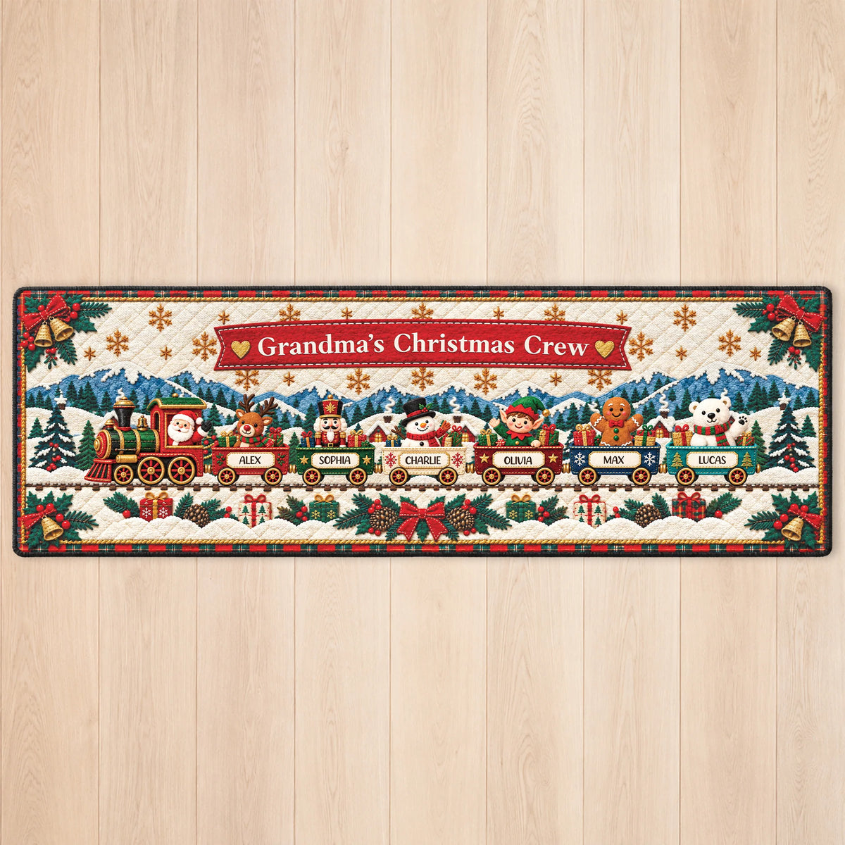 Grandma's Christmas Crew Personalized Runner Rug - Custom Holiday Train Mat for Mom