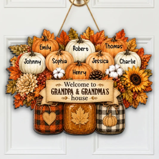 "Welcome To Grandpa & Grandma's House" Personalized Fall Wood Sign - Custom Gift for Grandparents